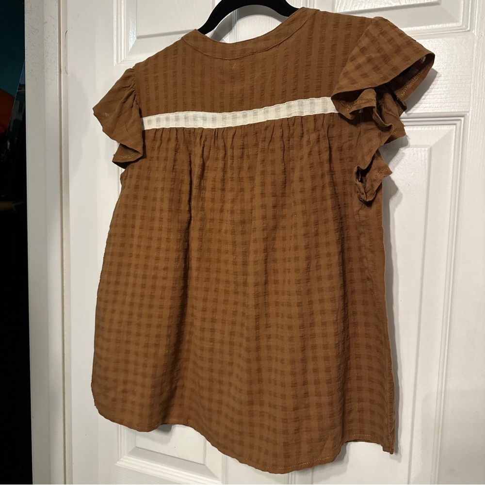 Bohme M Button Neck Pintuck Brown Cream  Cotton Flutter Sleeve Boho Blouse - Picture 5 of 5